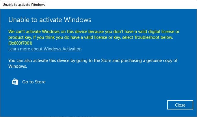 How To Fix Windows 10 Activation Error 0x803f7001