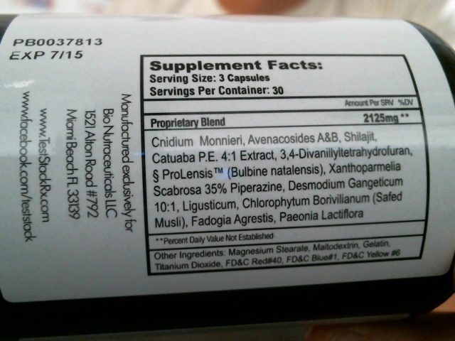 Test stack ingredients label